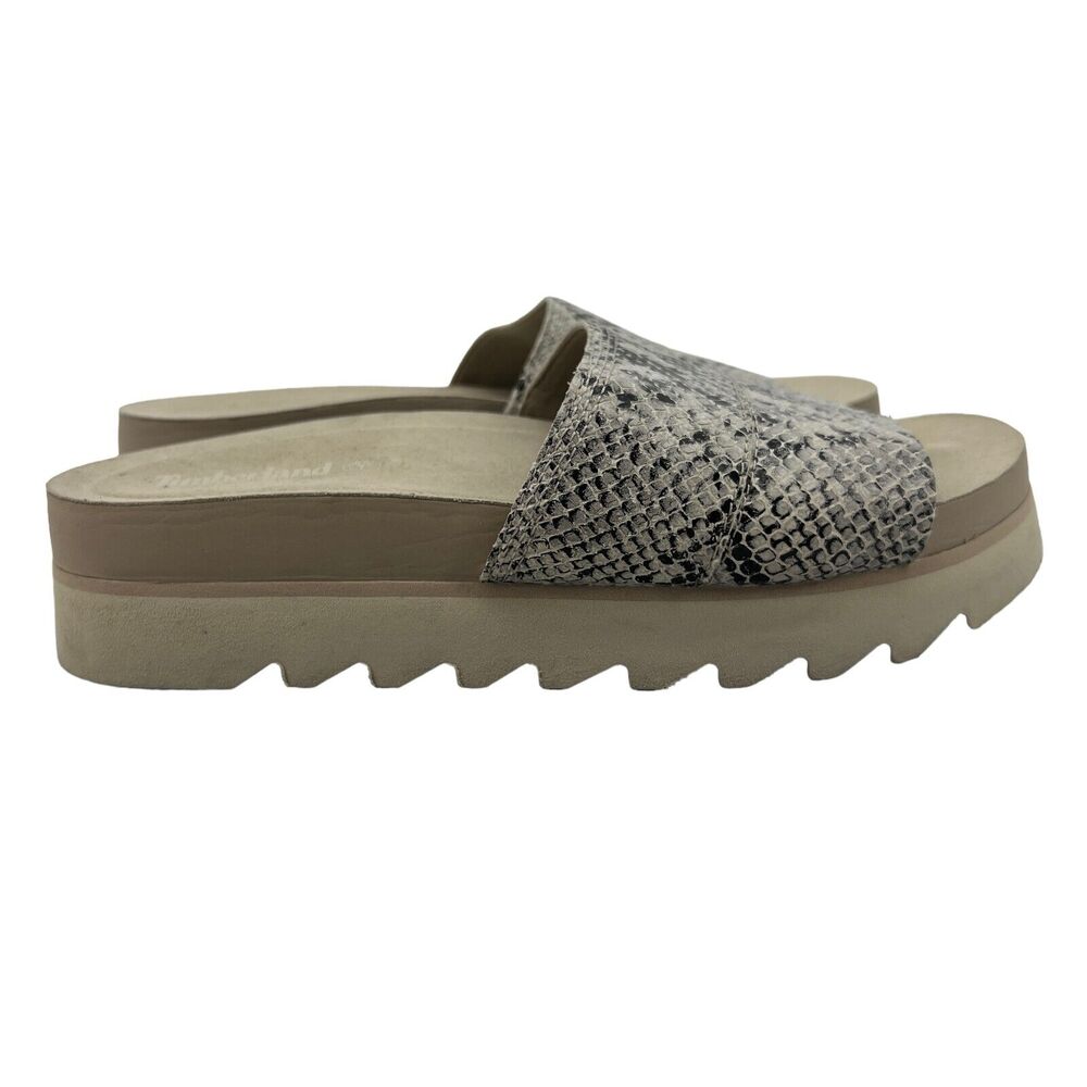 Timberland Sandal Womens 8.5 Santa Monica Sunrise Slide Gray Snake Print Leather